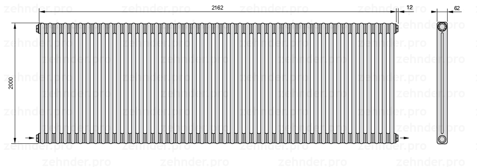 Схема (чертеж) Радиатор Zehnder Charleston 2200/47 №2670 Белый глянцевый RAL 9016